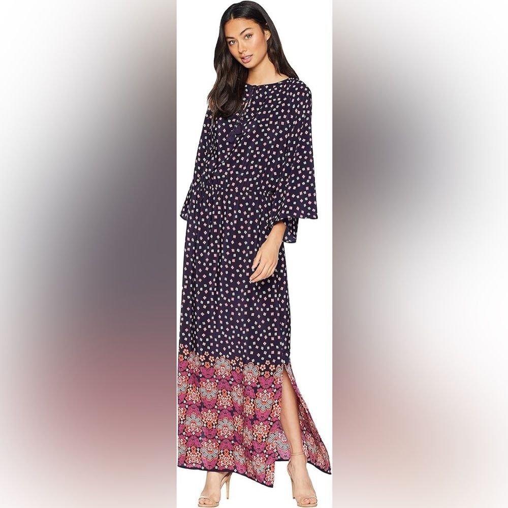 Juicy Couture Black Label Navy Floral Boho Maxi Dress Tassel Tie NWT